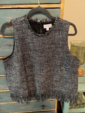 Mudpie Sz L, Tweed Fringe Sleeveless Top - Black & White